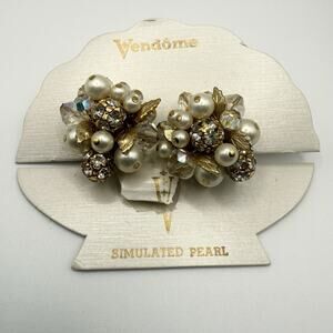 Vintage Vendome Earrings Gold Tone Clip AB Rhinestone Pearl Cluster on‎ Card